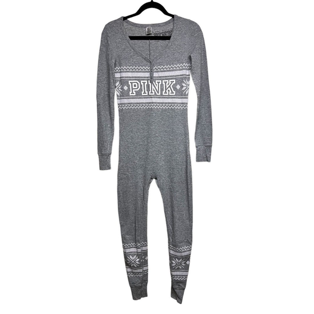 Victoria's Secret PINK Long John Pajamas Thermal Open Butt 1 Piece Gray Size S
